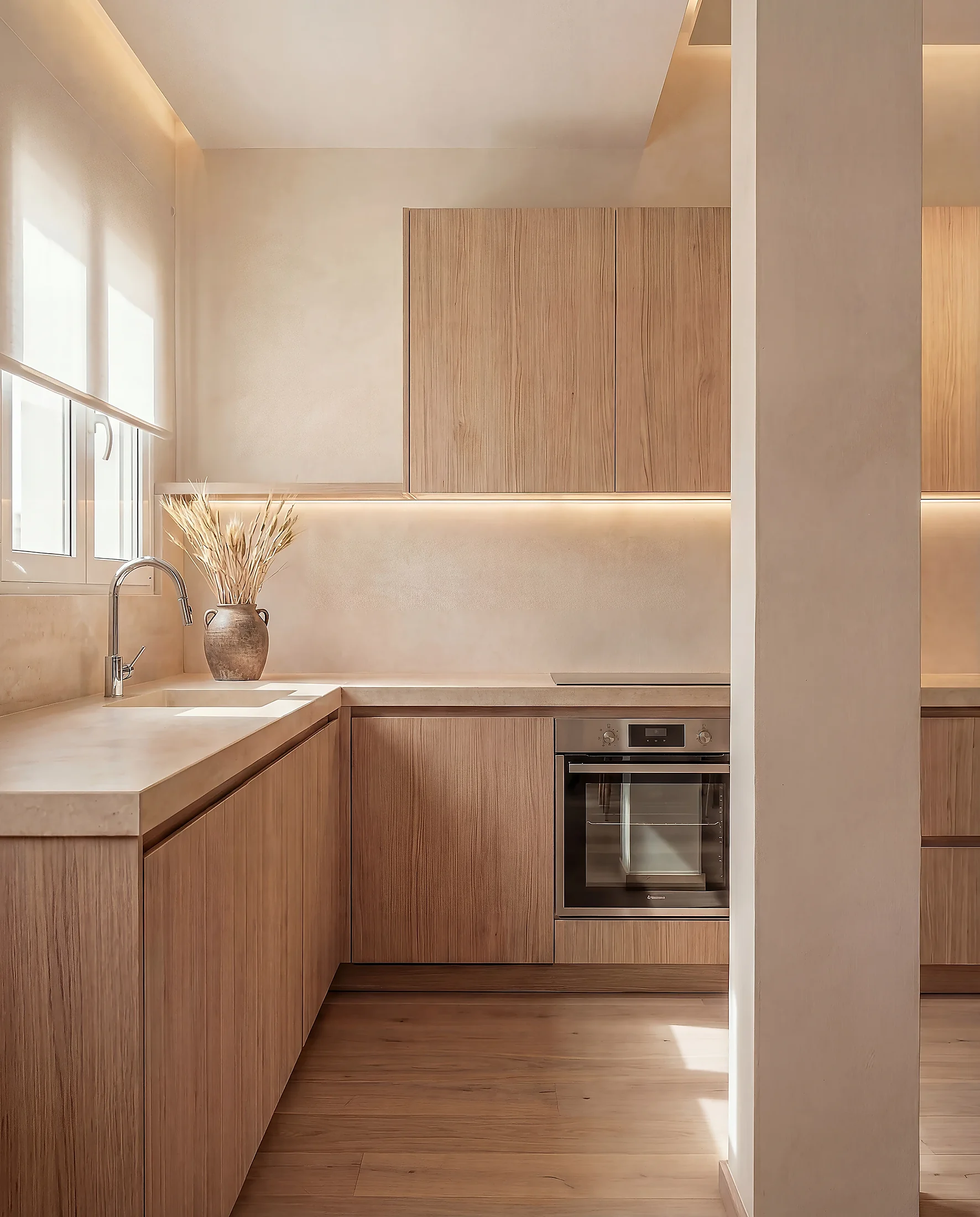 Modern kitchen renovation in Alicante. Light oak cabinets and custom storage by Puntoreforma